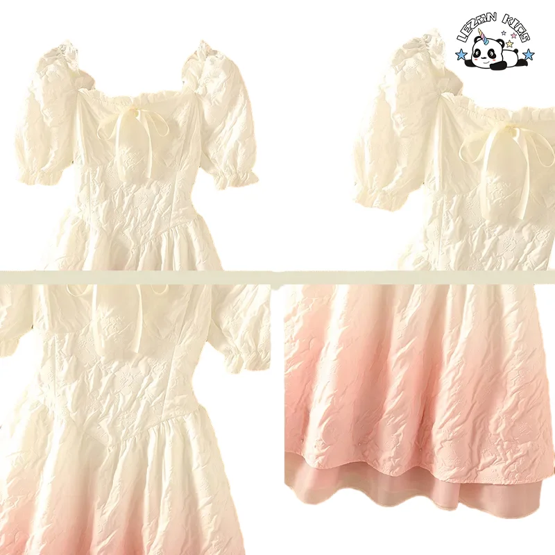LEZONKIDS - Novo Design de Vestido Elegante para Meninas com Gradiente, Atacado, Colar Quadrado, Mangas Bufantes